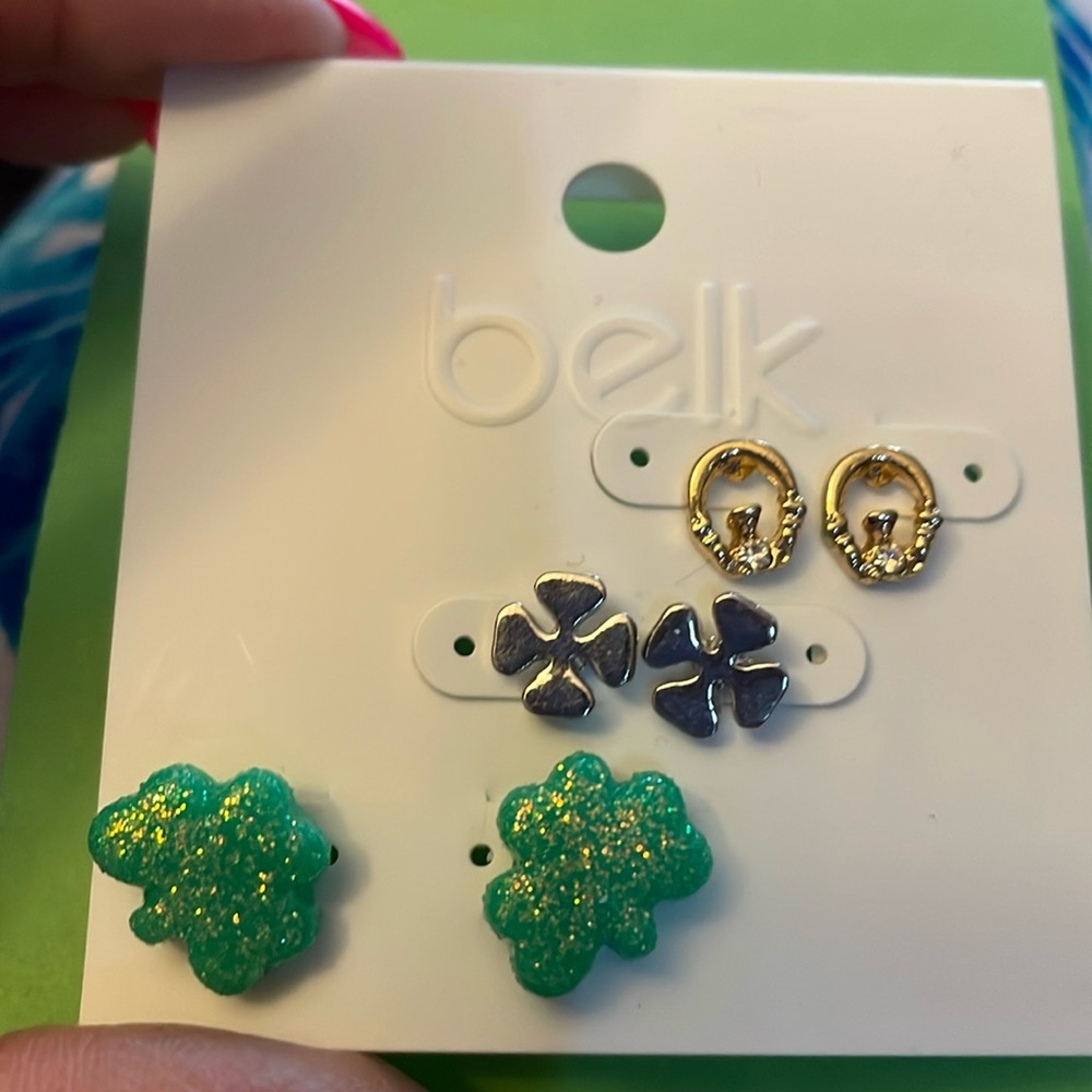 New set of 3 Belk Clover earrings silver, green